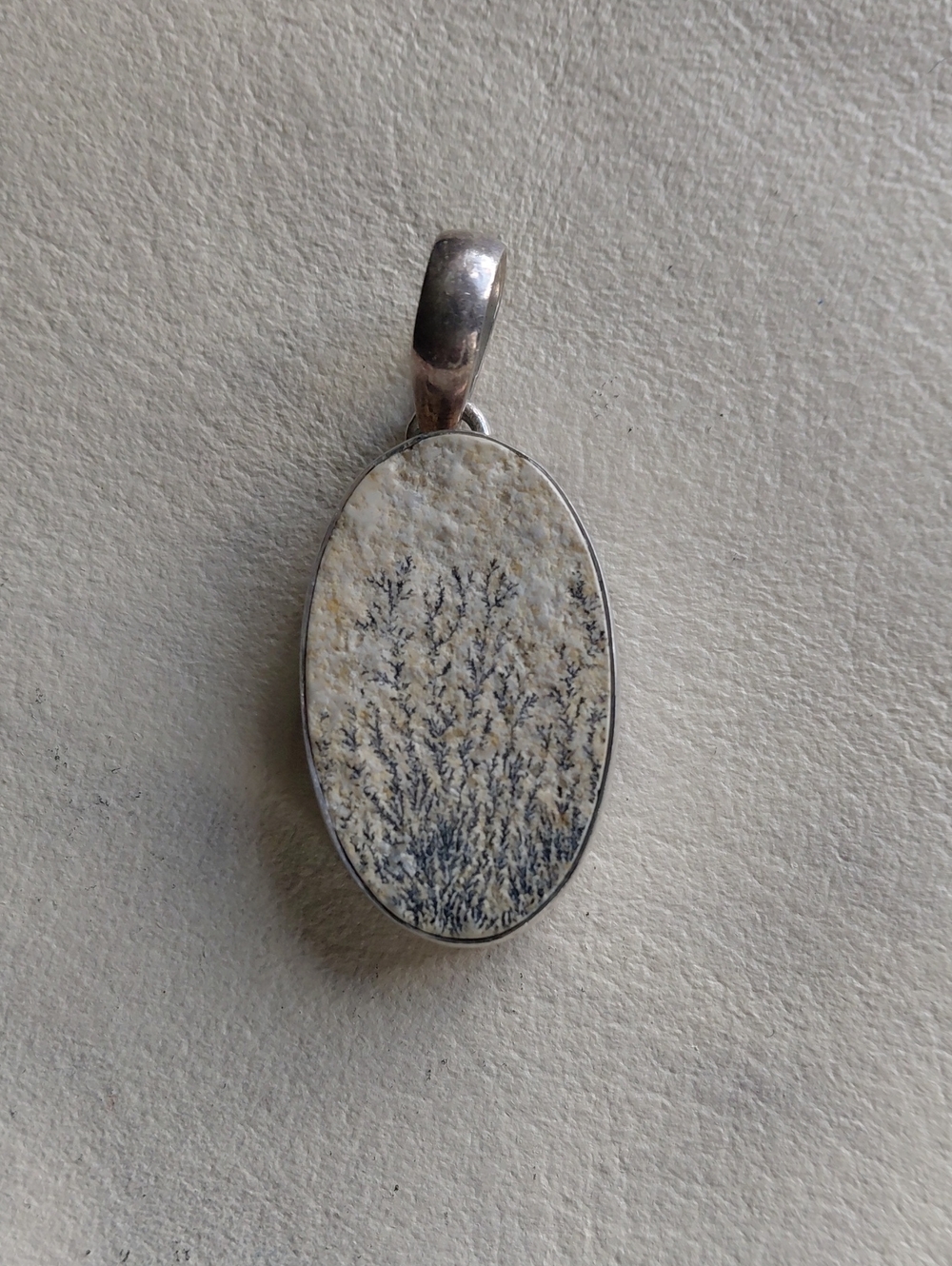 Sterling Silver Oval Dendritic Agate Pendant in Cream and Black